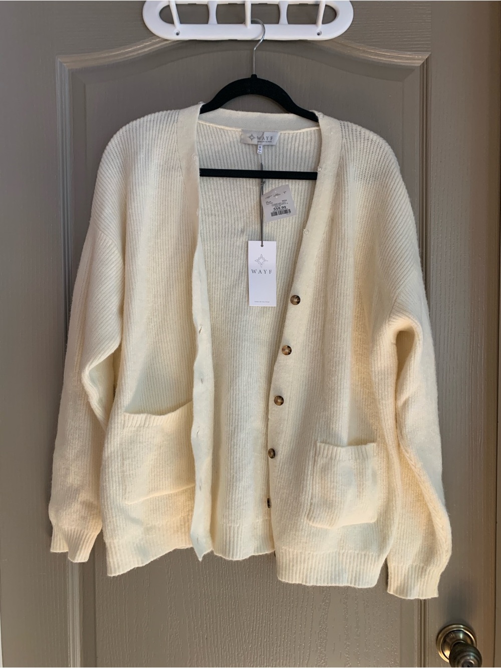 WAYF Ribbed Button Front Cardigan Size S Ivory Cream Cozy Fall Pockets Chic